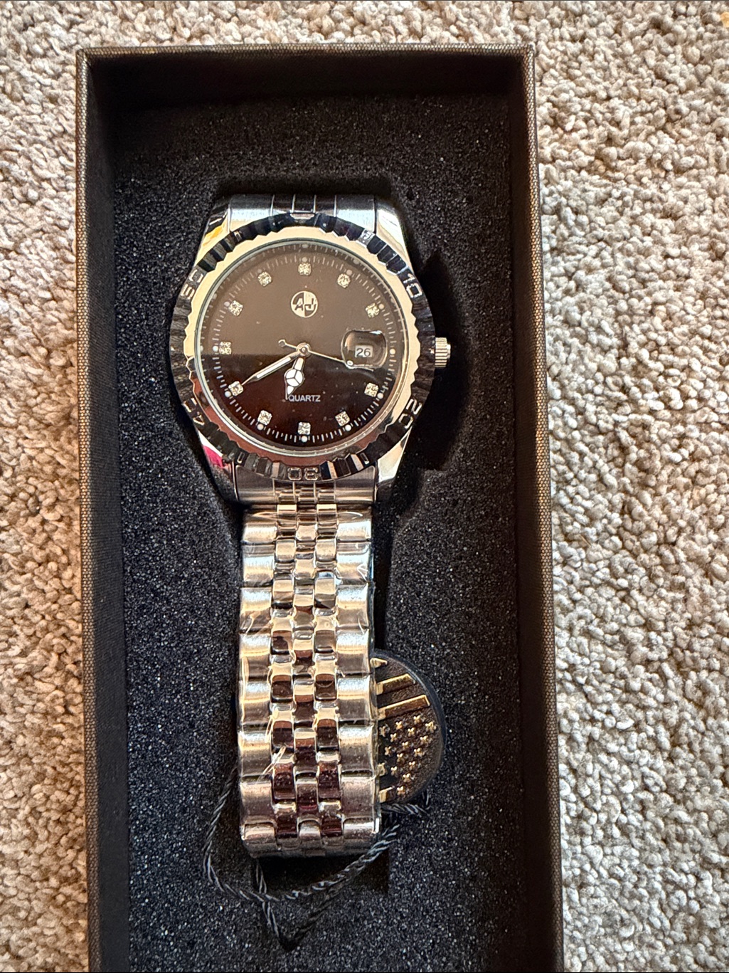 Silver Stainless Steel Watch With Black Dial